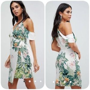 ADELYN RAE Prescilla Tropical Print Wrap Dress, Cold Shoulder